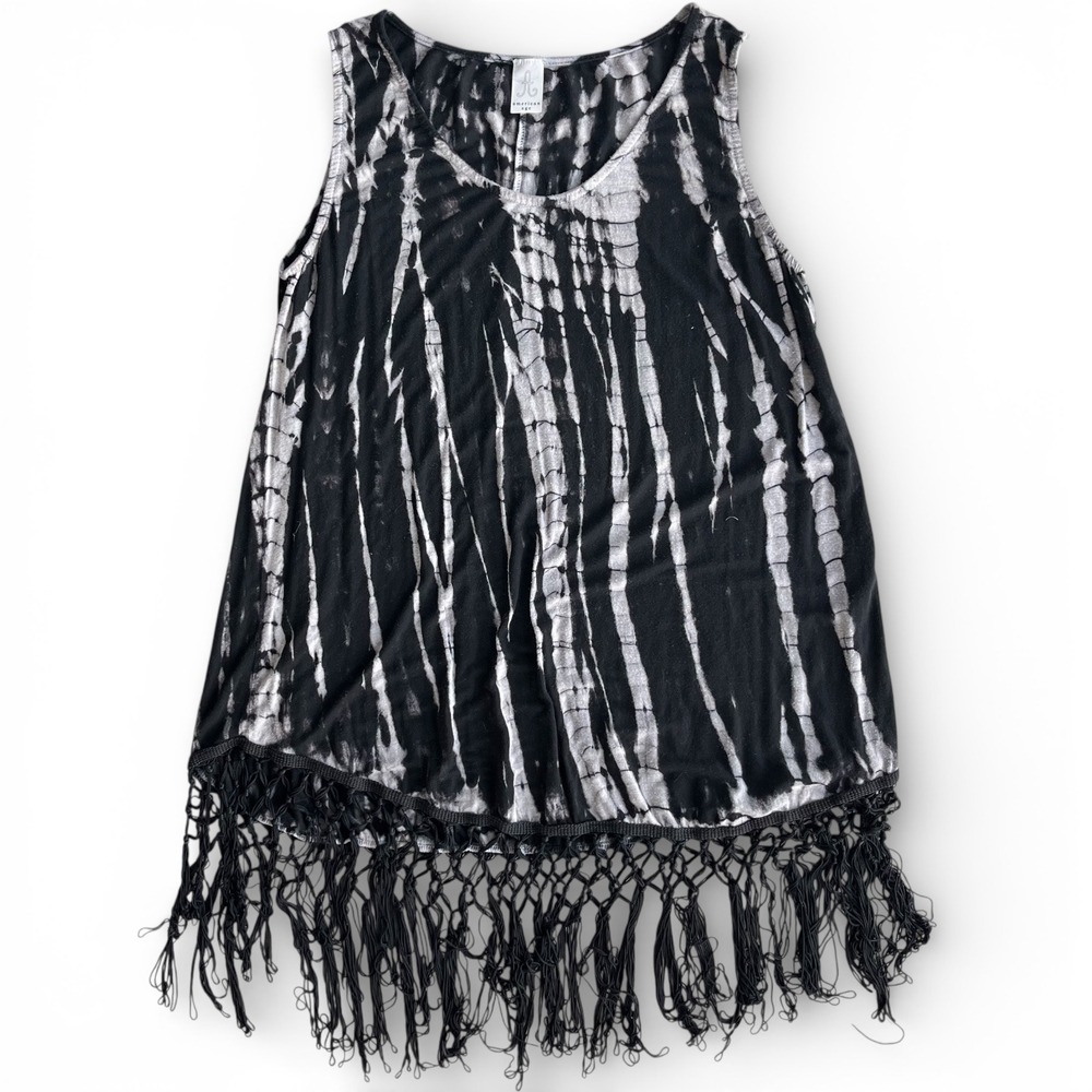 American Age Women L Black Gray Tie Dye Macrame Fringe Tunic Tank Top Grunge Y2K